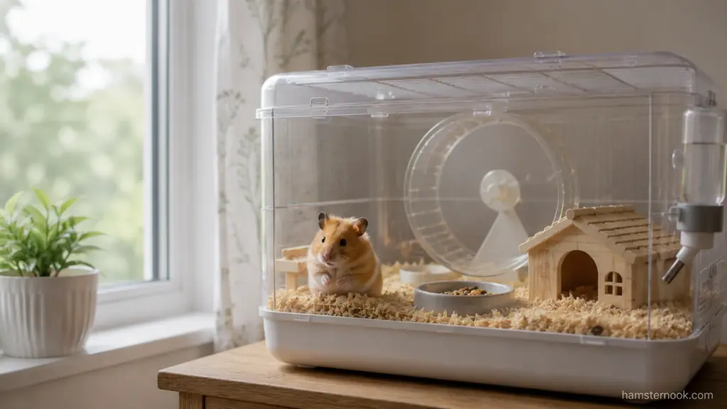 Hamster cage positioned near a bright window where sunlight and temperature changes may occur
