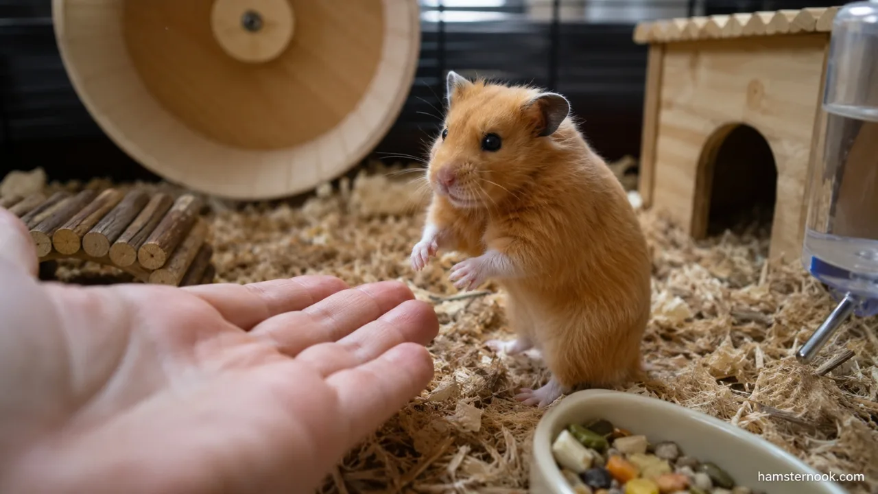 New hamster cautiously watching its owner from inside a cage