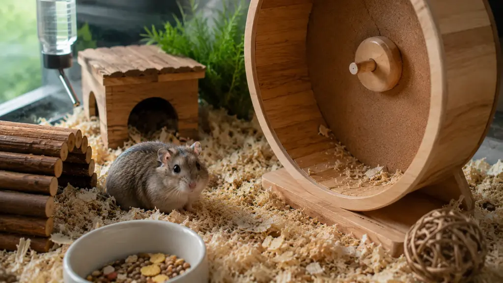 Hamster sitting beside an exercise wheel inside a well-equipped enclosure