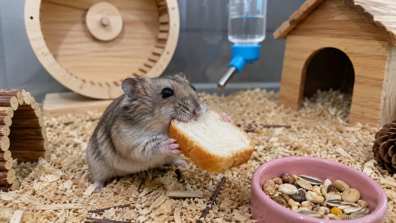 Syrian hamster eating a tiny piece of plain whole wheat bread safely