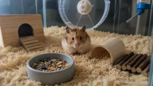 A Syrian hamster inside a spacious enclosure with deep bedding, a large wheel, hideouts, and enrichment items.