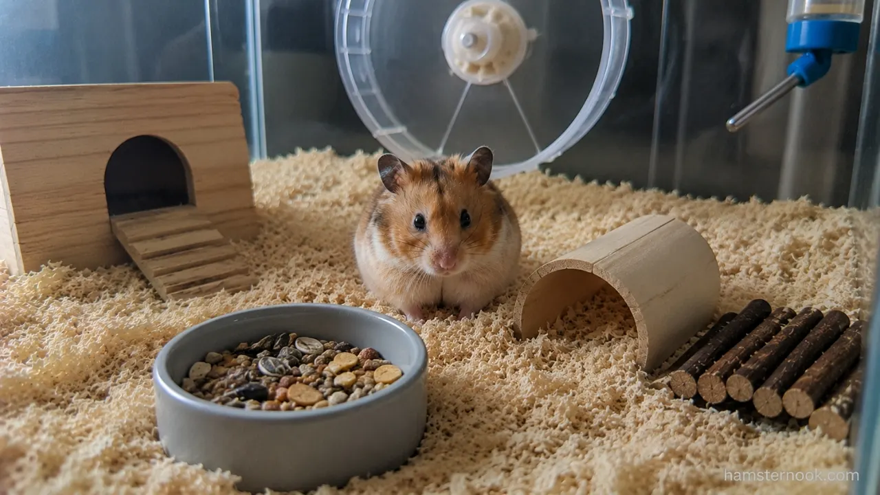 A Syrian hamster inside a spacious enclosure with deep bedding, a large wheel, hideouts, and enrichment items.