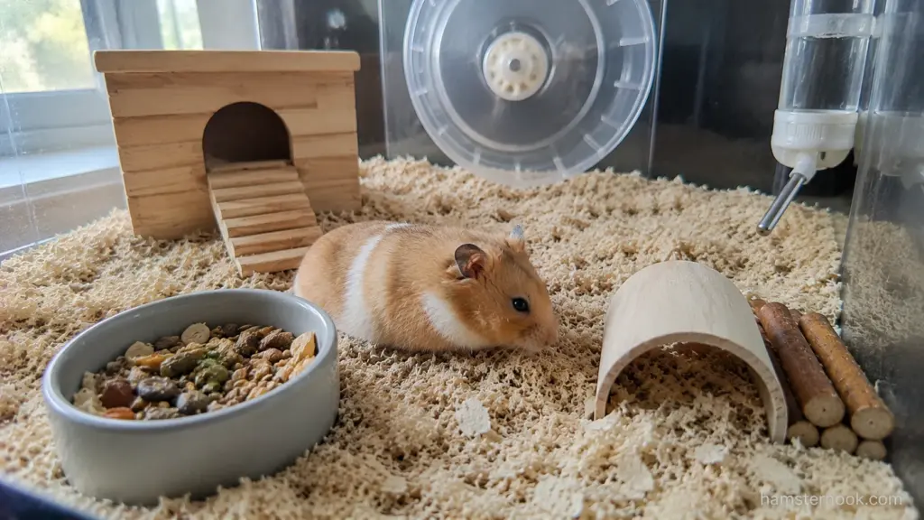 Senior hamster enclosure with accessible food, water, hides, deep bedding, and enrichment