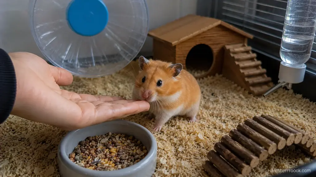 Owner offering clean hand to curious hamster inside enclosure