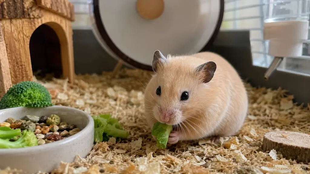 Healthy Syrian hamster eating fresh leafy greens beside a balanced food mix