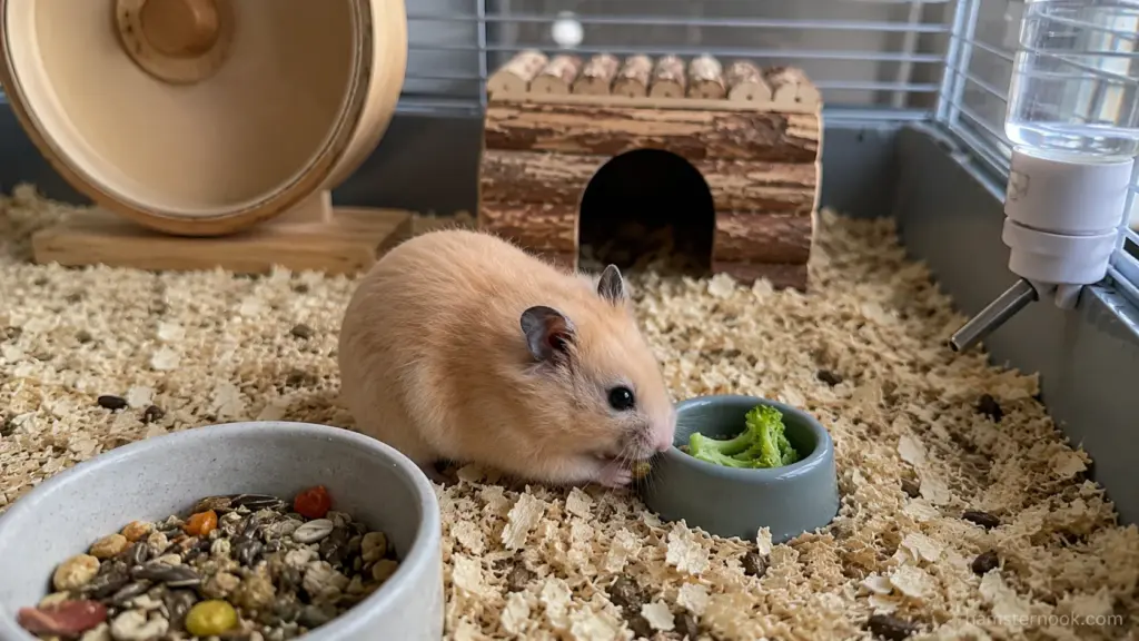Syrian hamster eating broccoli beside a balanced hamster food mix