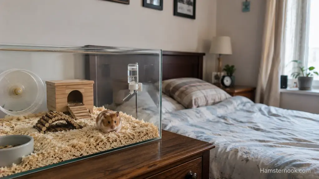 Hamster cage positioned away from windows and heating vents inside a bedroom