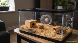Hamster cage placed in a quiet room away from direct sunlight and household noise