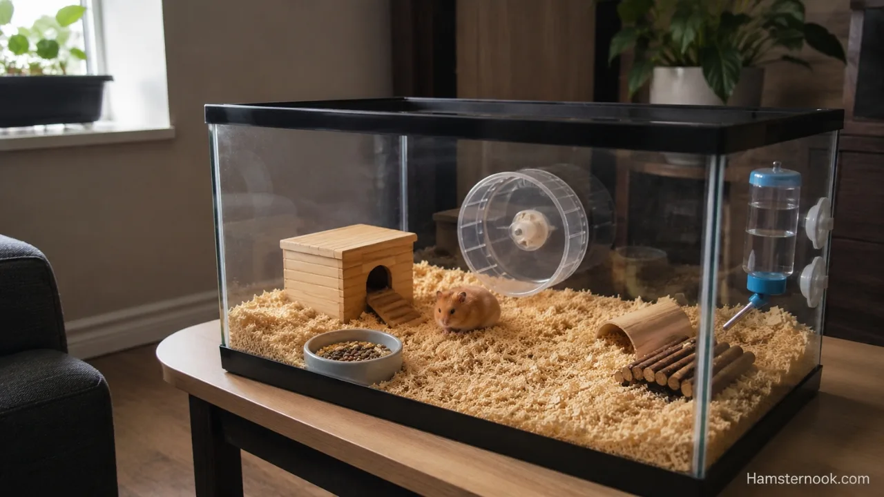 Hamster cage placed in a quiet room away from direct sunlight and household noise