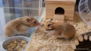 Two pet hamsters cautiously sniffing each other through a glass enclosure after being separated