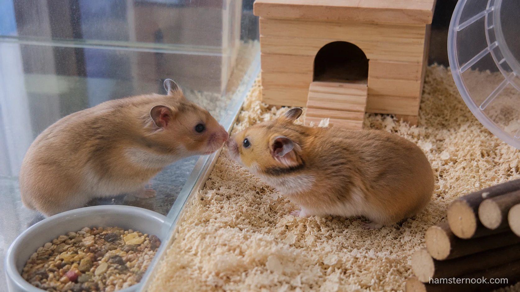 Two pet hamsters cautiously sniffing each other through a glass enclosure after being separated