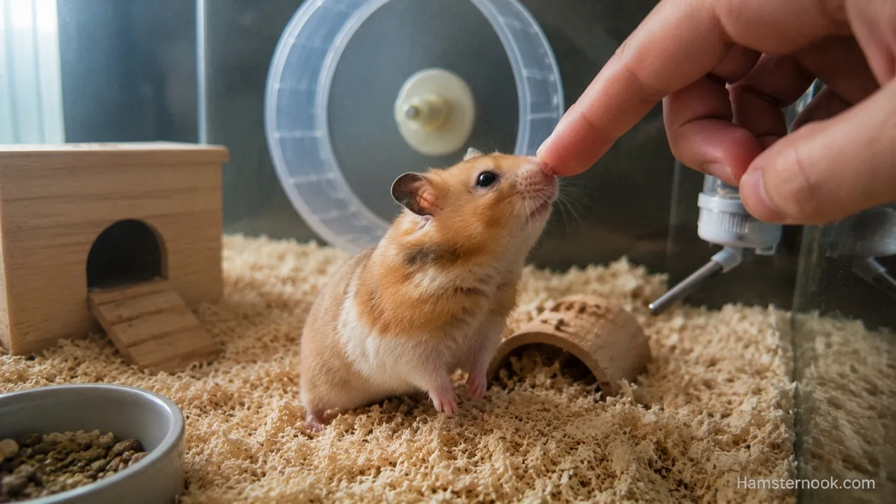 Pet hamster sniffing its owner's hand inside a clean home enclosure