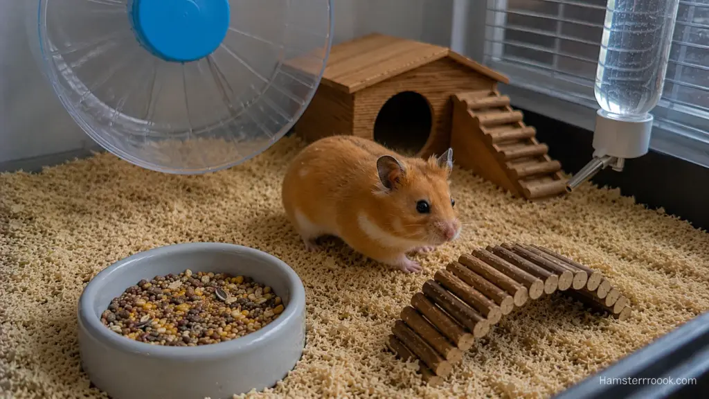 Syrian hamster following its evening routine inside a well-maintained enclosure