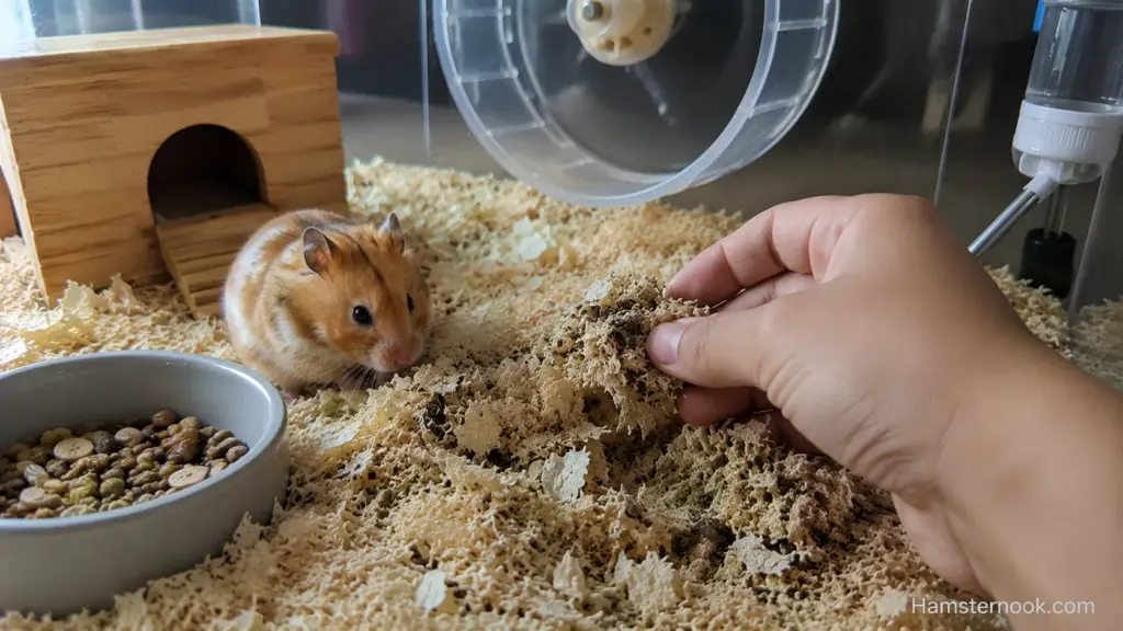 Owner inspecting clean hamster bedding during routine cage maintenance