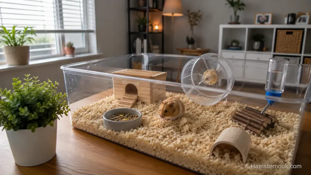 Hamster enclosure set up in a quiet home office environment