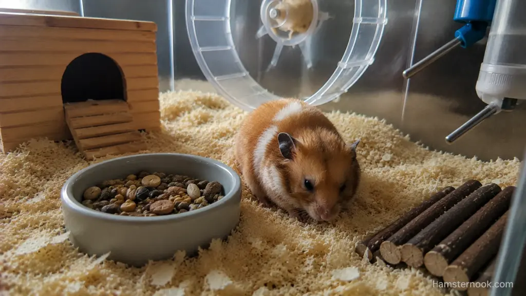 Older hamster moving through an accessible enclosure with ground-level hides and enrichment
