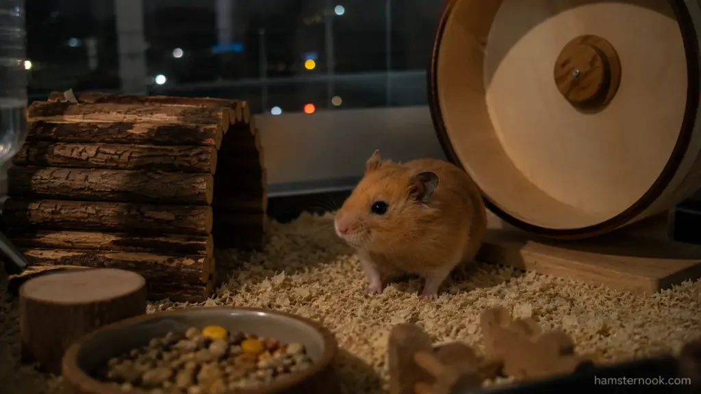 Hamster exploring a familiar enclosure with tunnels and hideouts