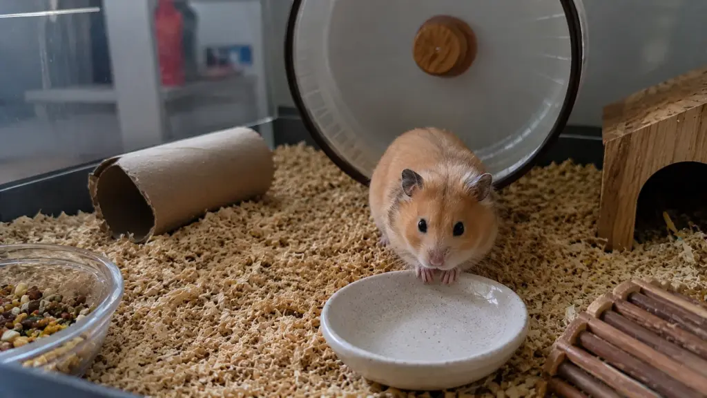Hamster investigating a cardboard tube inside an enriched enclosure
