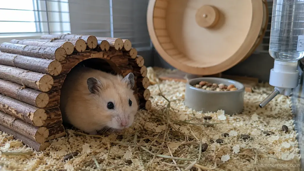 Syrian hamster resting inside a wooden hideout surrounded by deep bedding