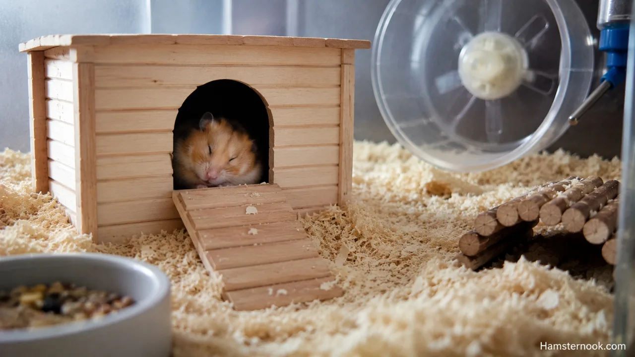 Pet hamster peacefully sleeping inside a cozy nest with closed eyes