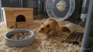 Syrian hamster standing near the entrance of its hideout inside a clean glass enclosure