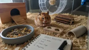 Syrian hamster following its nightly routine inside a clean enclosure with a wheel, hideout, and food bowl