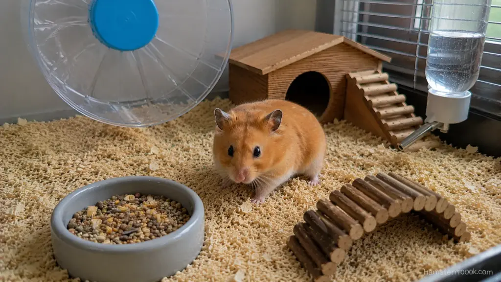 Healthy hamster in natural enclosure with deep bedding and hideout