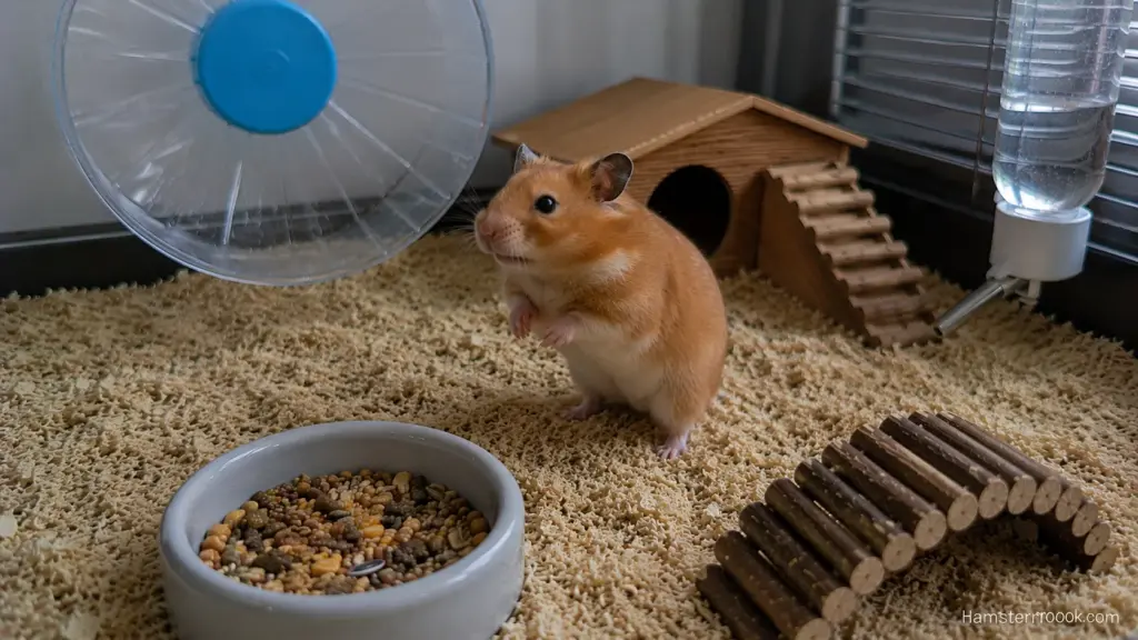 Golden Syrian hamster standing alert inside its enclosure showing natural territorial behavior