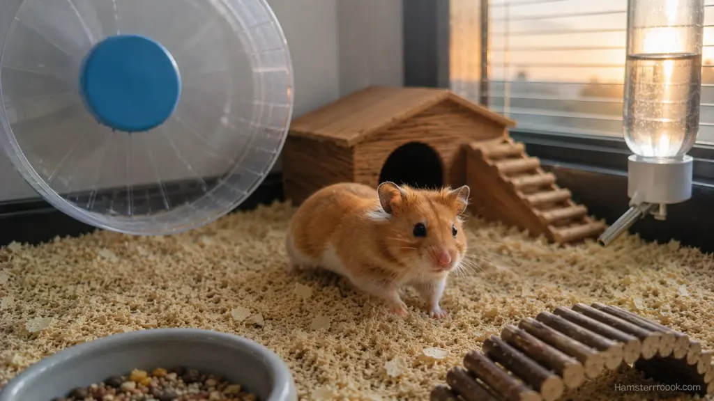 Syrian hamster exploring its enclosure around sunrise