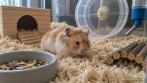 Hamster aging signs in an older Syrian hamster resting inside its enclosure