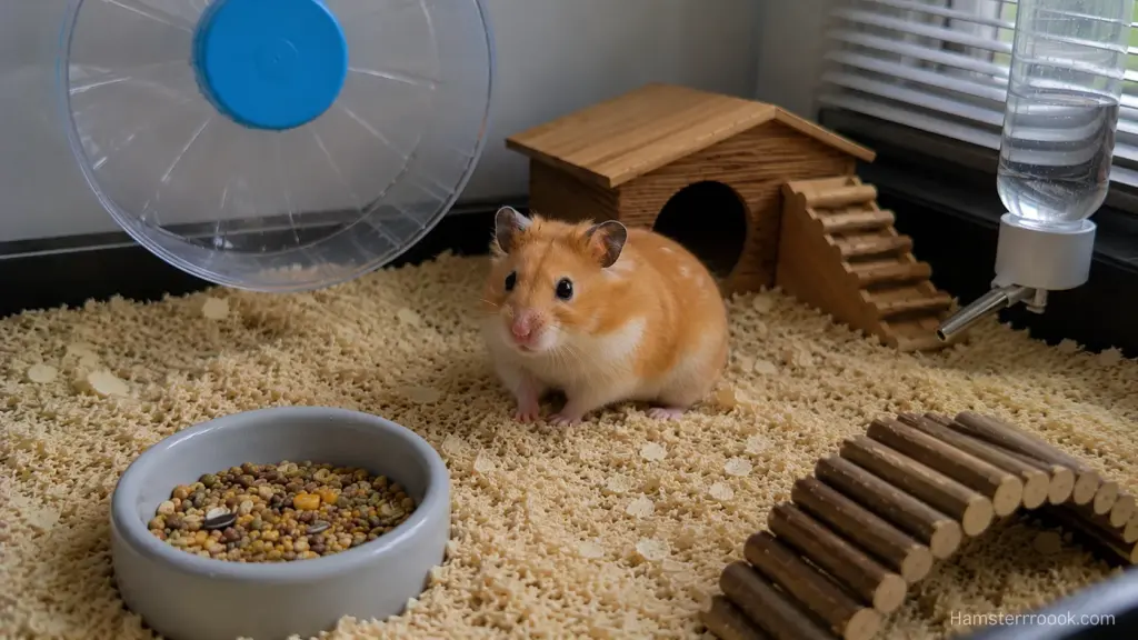 Syrian hamster standing still and sniffing after hearing a sound
