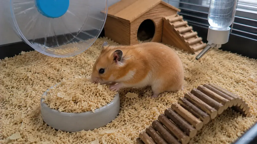 Syrian hamster covering its food bowl with bedding