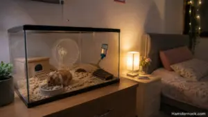 Hamster cage placed safely in a bedroom with proper ventilation and enrichment