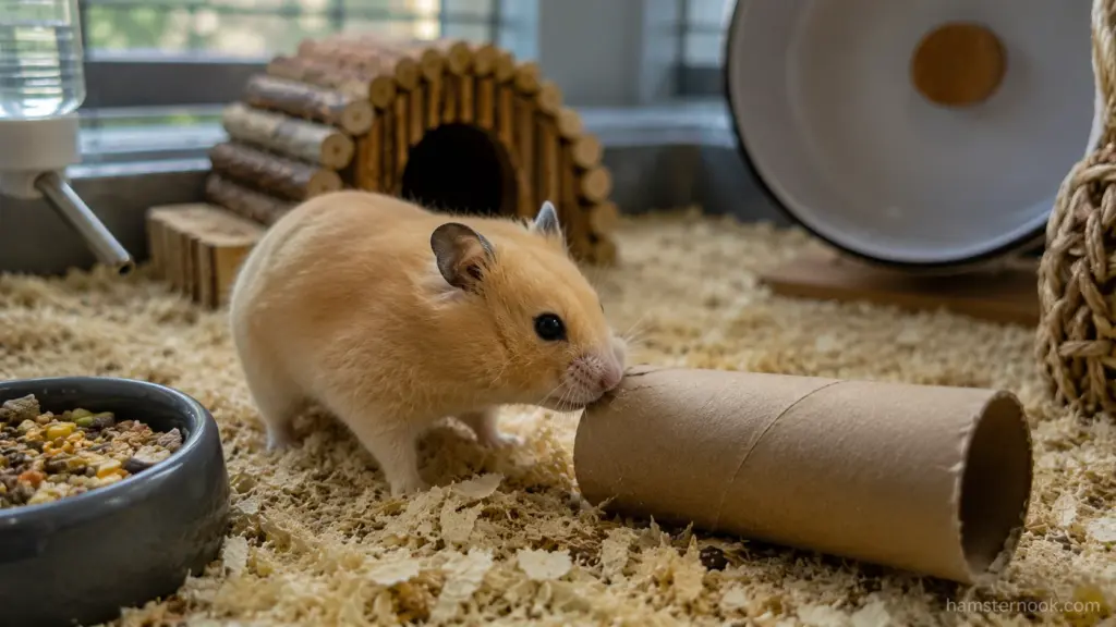 Curious Syrian hamster sniffing a wooden tunnel and bedding inside a clean enclosure