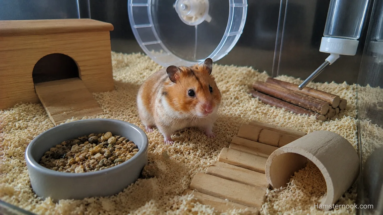 Syrian hamster cautiously exploring a newly rearranged cage after the enclosure layout was changed