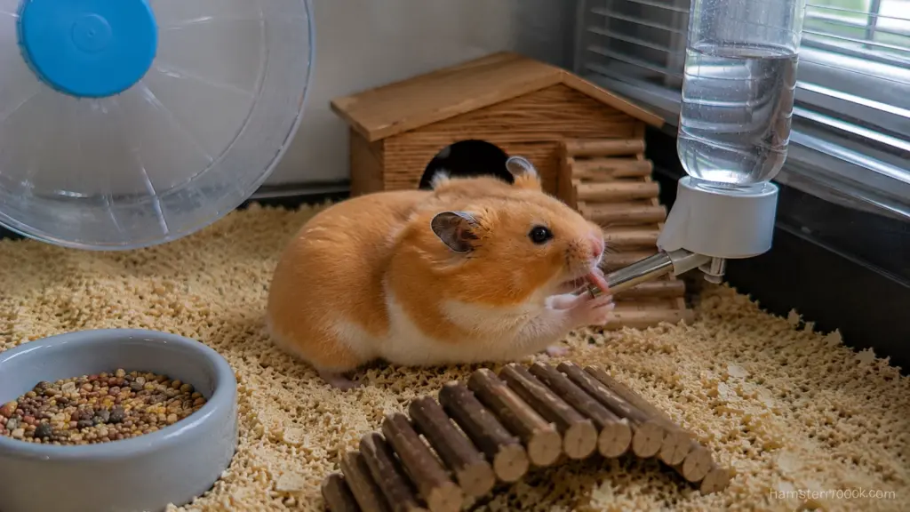 Syrian hamster licking a wooden bridge toy while exploring its enclosure