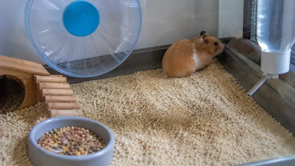 Syrian hamster sitting near its nesting corner inside a well-equipped enclosure