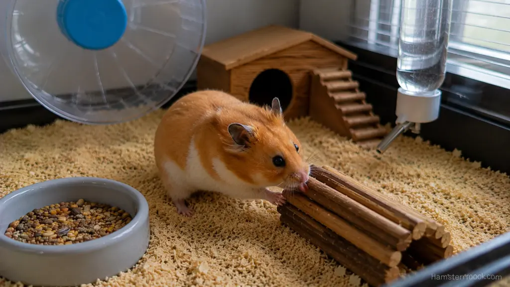 Syrian hamster licking a water bottle nozzle inside its enclosure