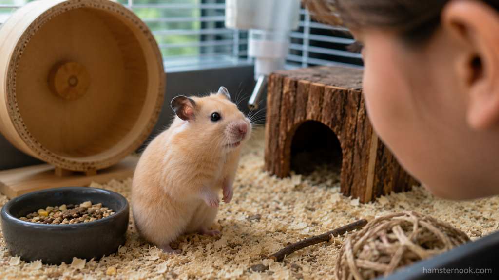 Golden Syrian hamster looking toward its owner after hearing a familiar voice
