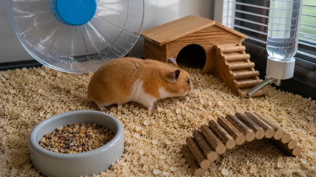 Golden Syrian hamster exploring enclosure after storing food