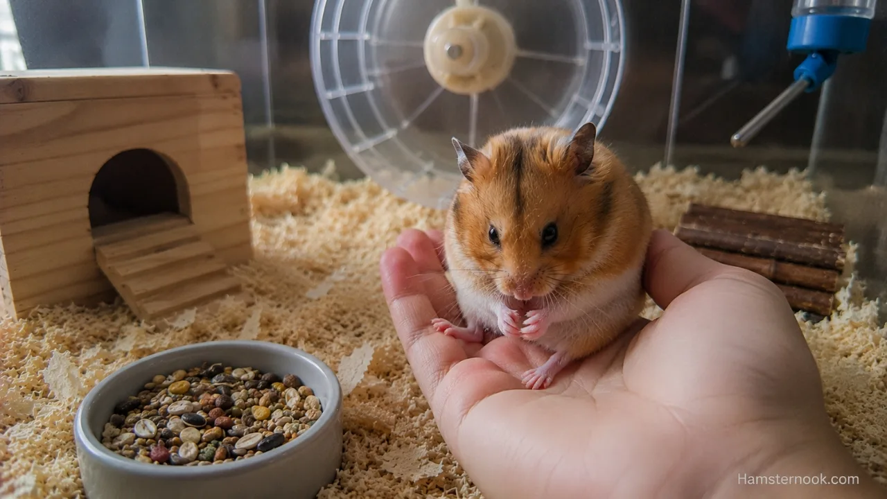 Hamster nail trimming check with a pet hamster showing healthy nail length inside its enclosure