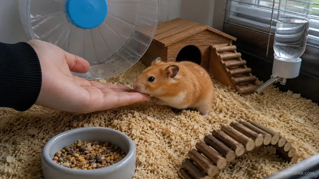 Hamster sniffing owner's hand before accepting gentle interaction