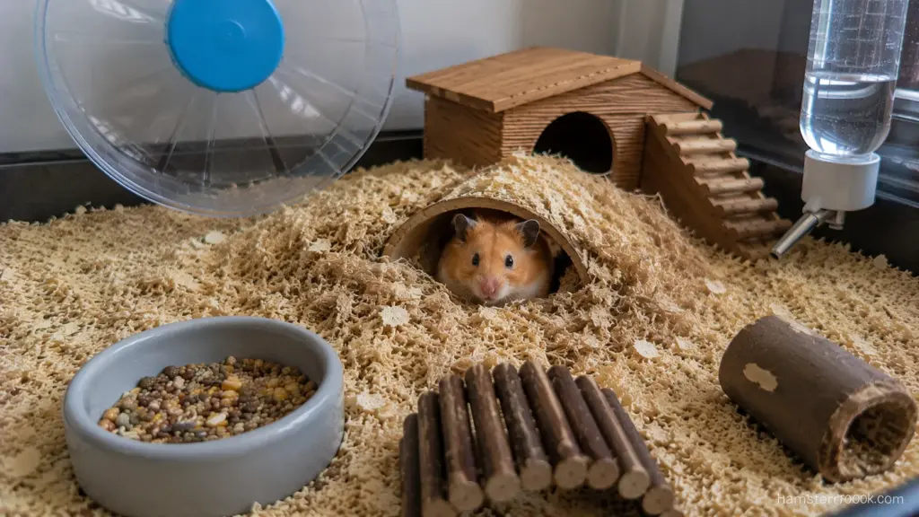 Syrian hamster resting inside a burrow beneath deep bedding