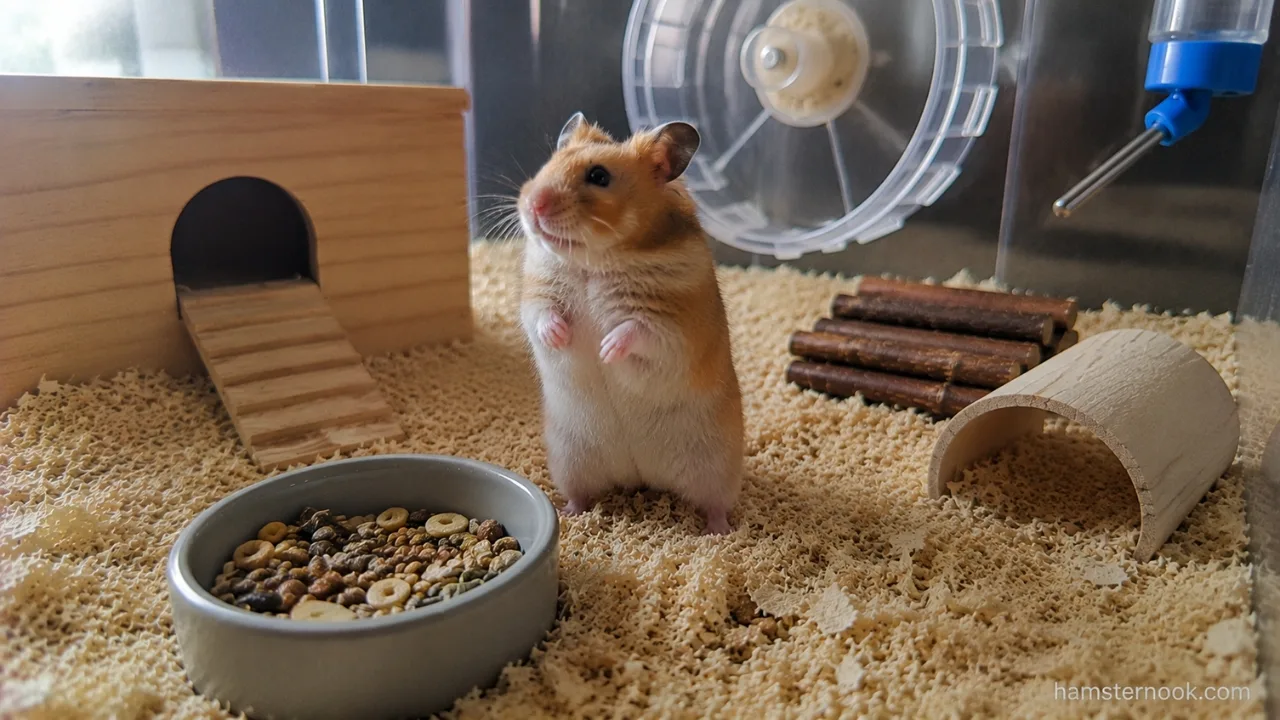 Pet Syrian hamster standing on two legs while sniffing the air inside its home enclosure