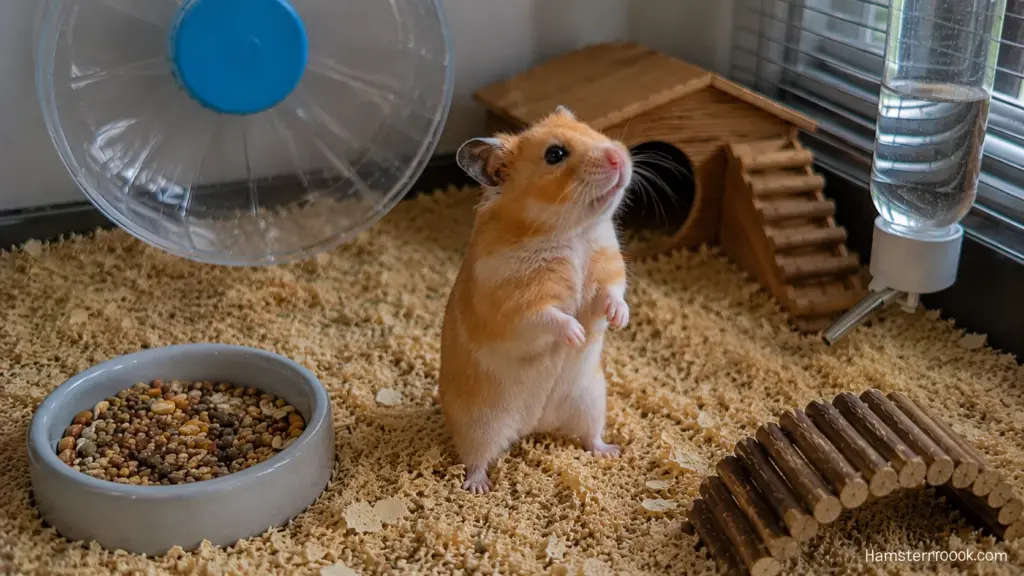 Syrian hamster standing upright to sniff the air inside its enclosure