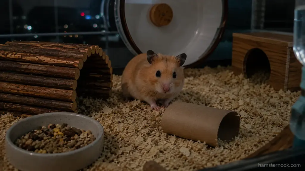 Hamster exploring its enclosure in dim evening light