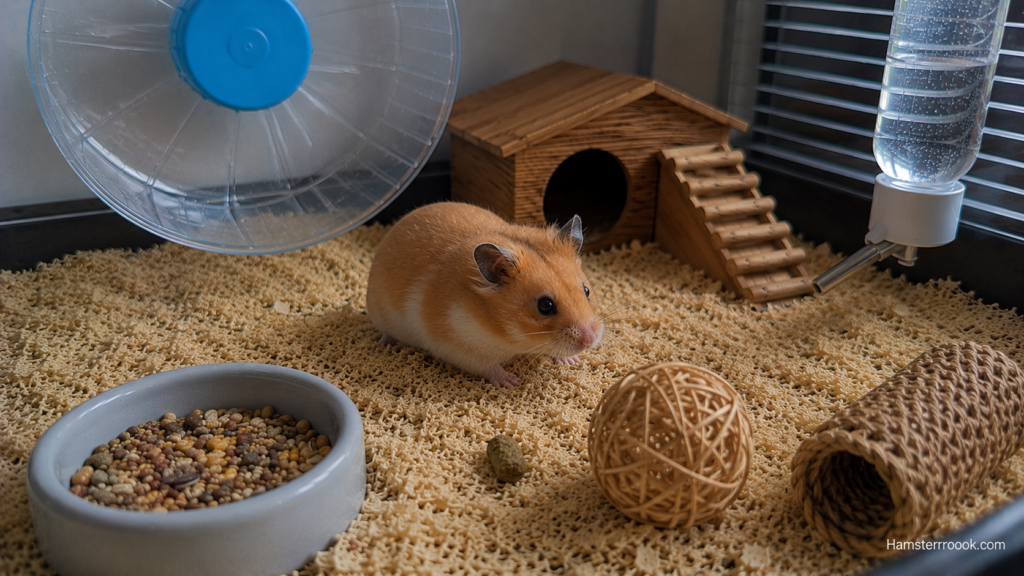Syrian hamster observing a new enrichment toy inside its enclosure