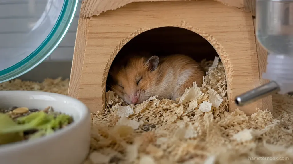 Sleeping hamster resting under shredded paper bedding after environmental stress