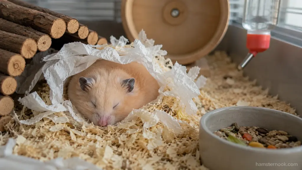 Healthy hamster sleeping inside a wooden hideout during the daytime