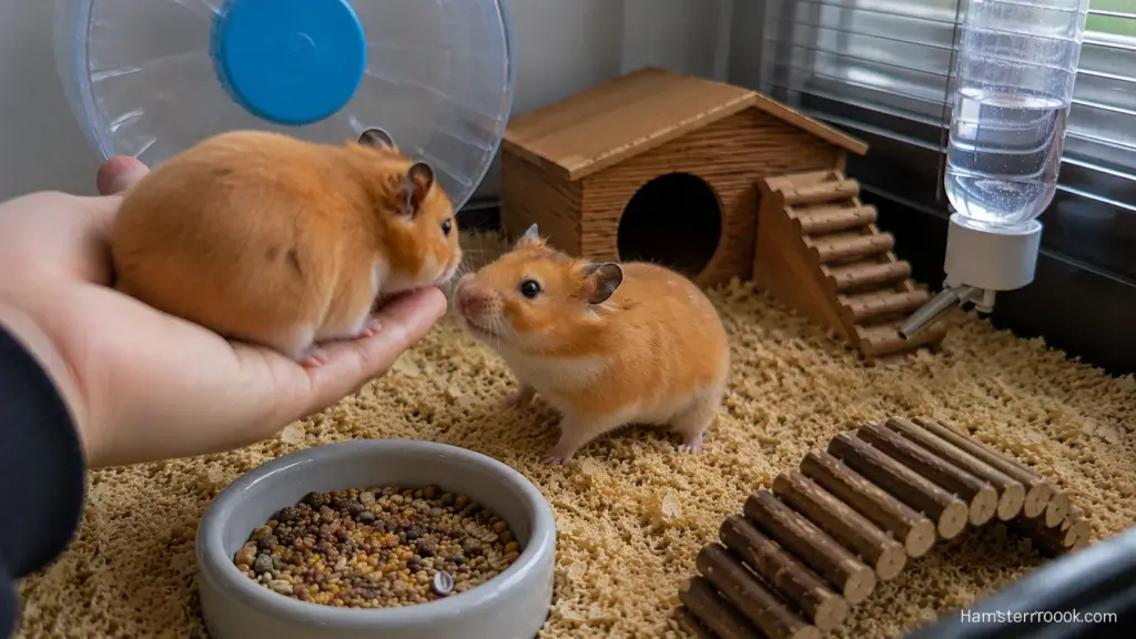 Owner carefully handling one hamster while another remains safely in a separate enclosure